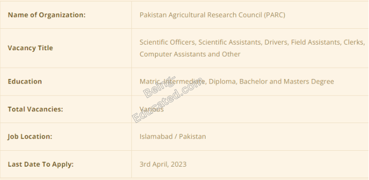 Pakistan Agriculture Research Council Jobs